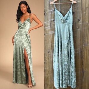 Sage Green Minty Floral Satin Jacquard Maxi Dress 🌿